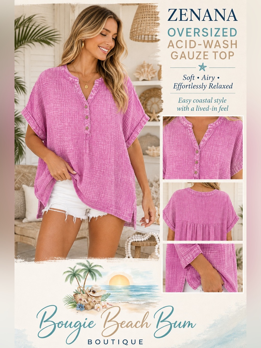 Zenana Outfitters Oversized Acid-Wash Gauze Top in Pink